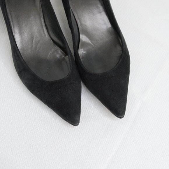 Stuart Weitzman Black Suede Pointed Toe Sculptural Heels Sz 6.5 - Picture 3 of 10